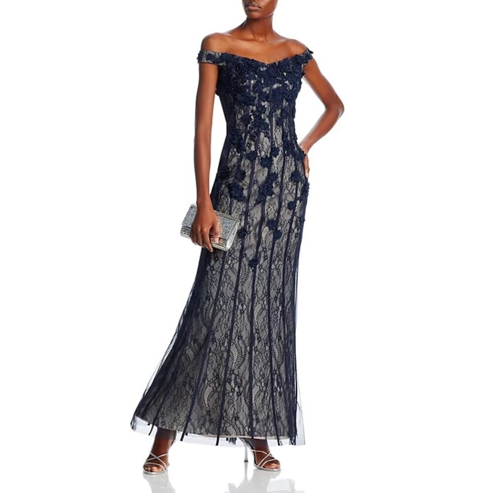AQUA Lace Embellished Evening Gown Dress Navy Blue Size 10 NWT